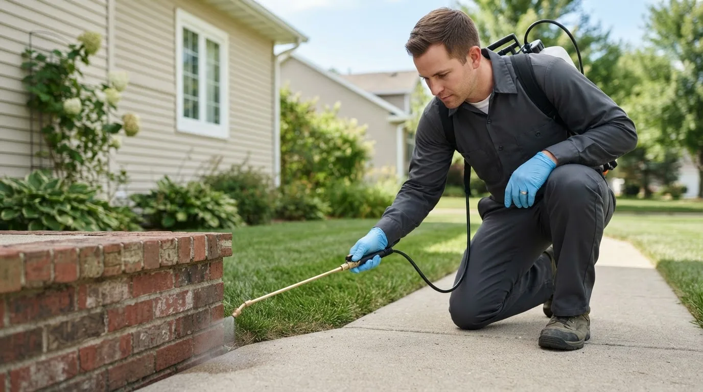 Pest control technician treating a home near Corona Del Mar, CA